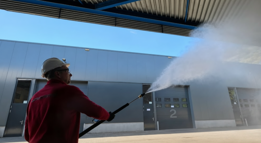 The dual pressure cleaning system: rethinking mixer performance for the AAC industry 7 Aircrete operatorfield-testing the handheld gun, demonstrating the reach and pressure available for cleaning tasks outside the mixer tower.
